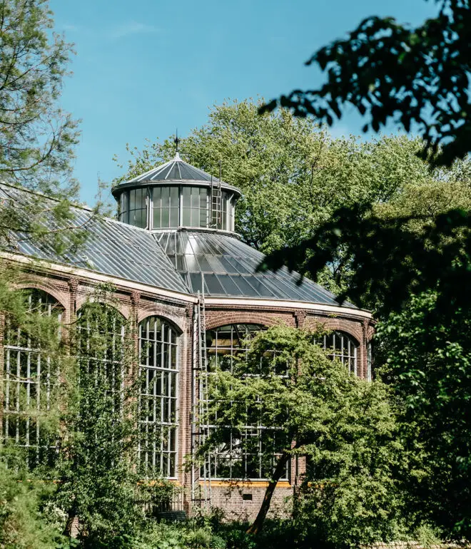 Historic greenhouse at Hortus Botanicus Amsterdam surrounded by lush greenery