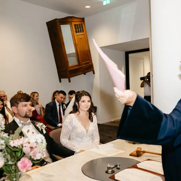 Bride and groom during an intimate civil wedding ceremony in the Netherlands