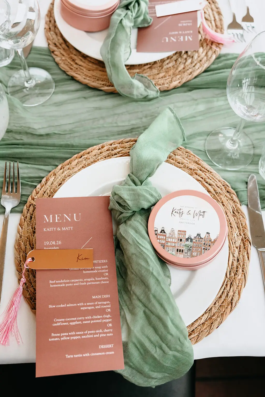 Wedding place setting with personalised menu, linen napkin and favour during an Amsterdam canal wedding reception